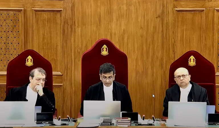 A bench comprising Chief Justice of India (CJI) D.Y. Chandrachud, Justice J.B. Pardiwala and Justice Manoj Misra during hearing on a suo moto case related to the alleged sexual assault and murder of a postgraduate trainee doctor in Kolkata, at the Supreme Court in New Delhi, Tuesday, Aug. 20, 2024. - PTI